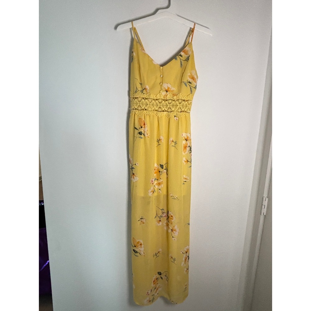 Blashe Yellow Floral Maxi Dress‎ Crochet Lace Waist Boho Summer Sun Dress Medium
